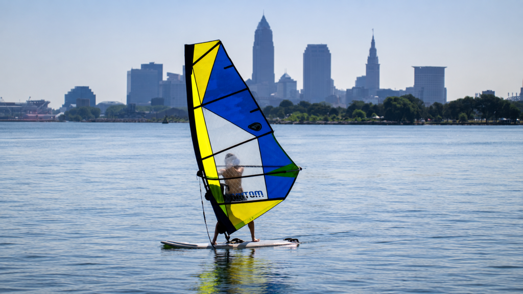 Windsurfer on Lake Erie with the downtown Cleveland skyline in the background