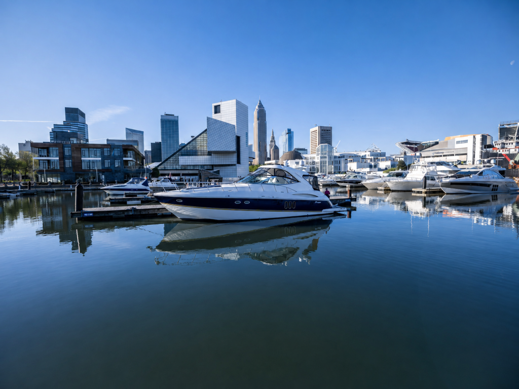 Boats at a Cleveland marina with the downtown Cleveland skyline and Lake Erie waterfront
