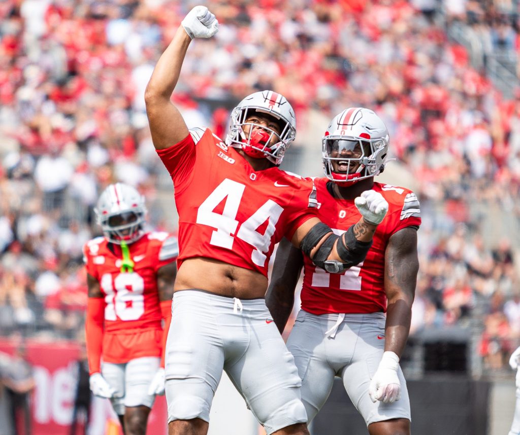 Ohio State football players celebrating on the field at Ohio Stadium