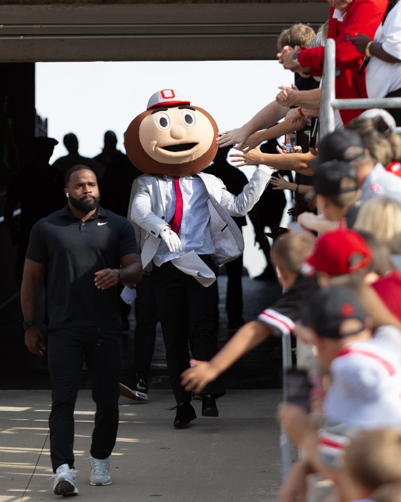 Brutus Buckeye entering Ohio Stadium and greeting fans on game day
