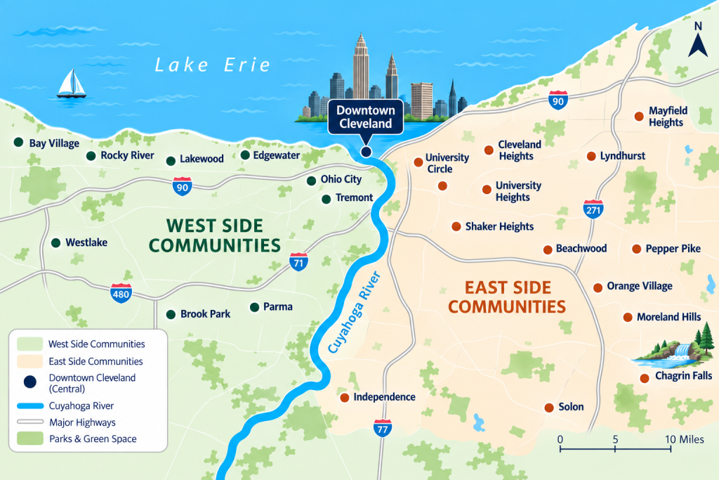 Illustrative map of Greater Cleveland's East Side and West Side communities divided by the Cuyahoga River