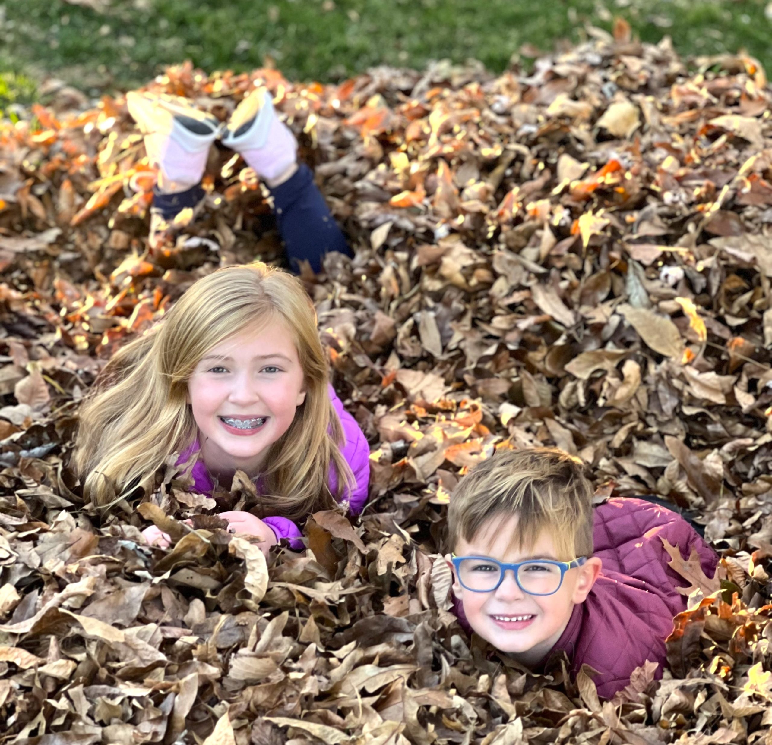 Two children playing in a large pile of fallen autumn leaves