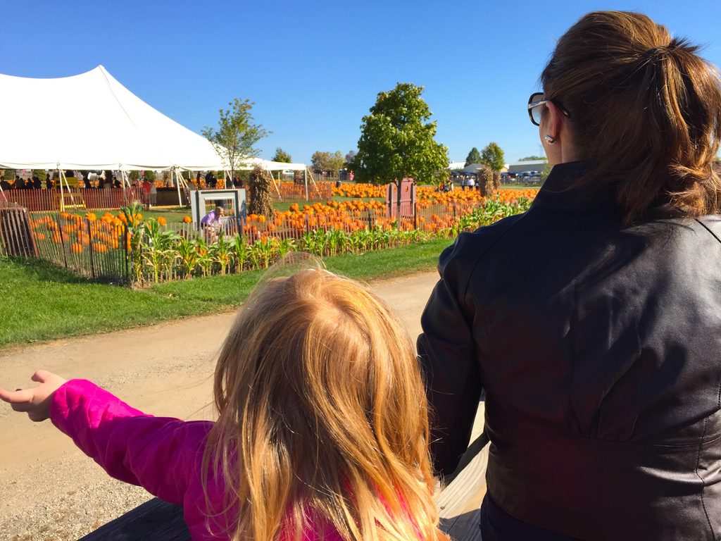 Family enjoying a hayride through a Northeast Ohio pumpkin patch