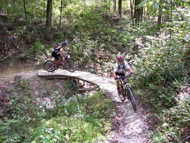 Mountain bikers riding a wooded trail in Greater Cleveland